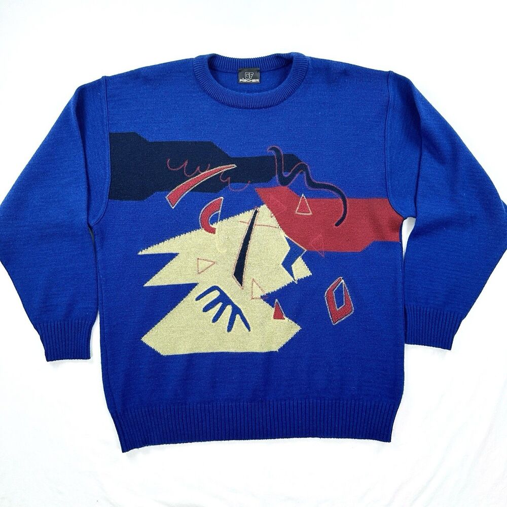 GF Fischer German Wool Blend Sweater Mens 50 Medium Blue Geometric 80s 90s VTG